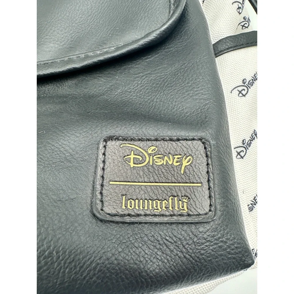 Disney Logo Slouch Backpack Women's‎ Black White Faux Leather Flap Drawstring
